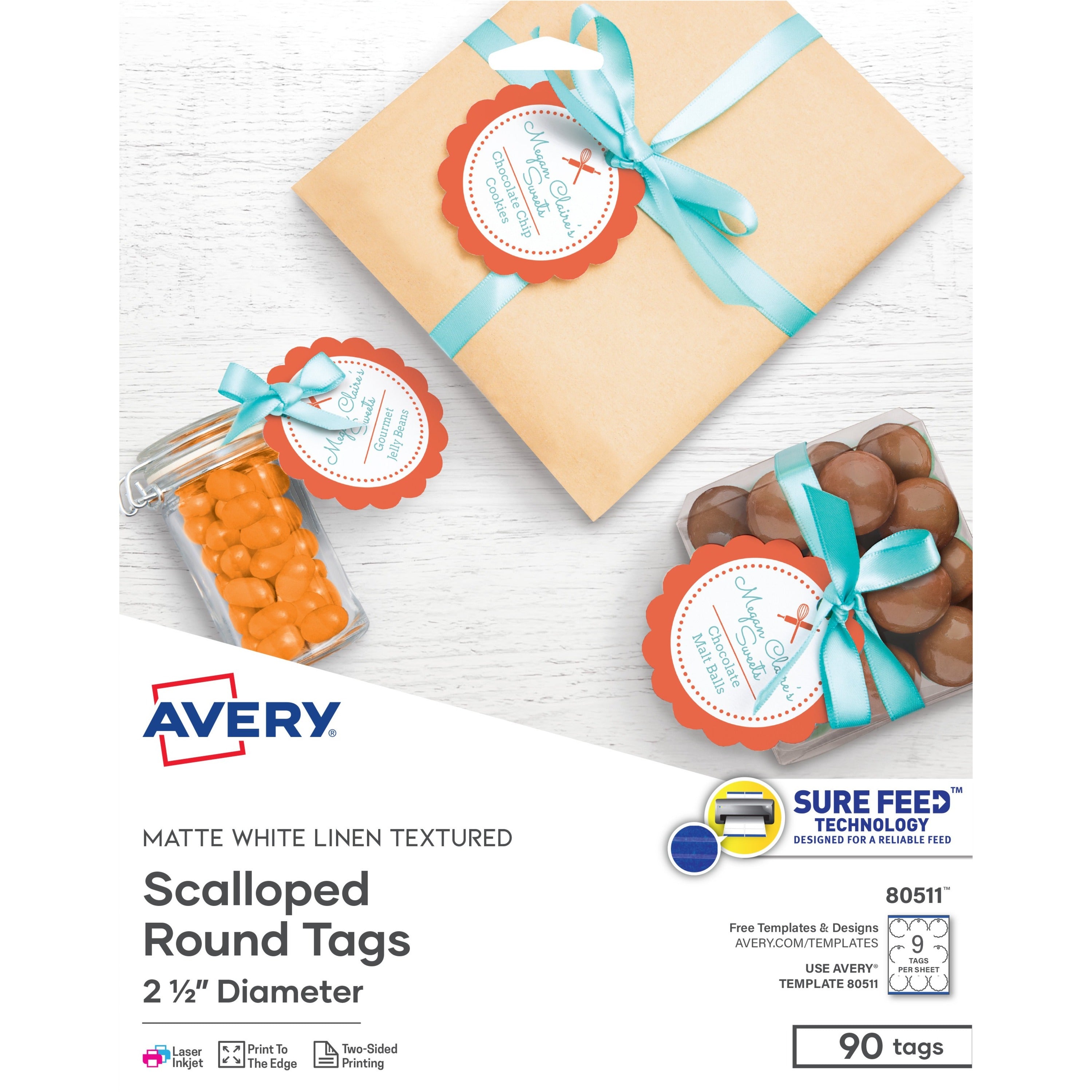 Avery®  Textured Round Scallop Tags - 2.50" Diameter - Round Scallop - Card Stock, Metal - White - 90/Pack - 5 / Carton