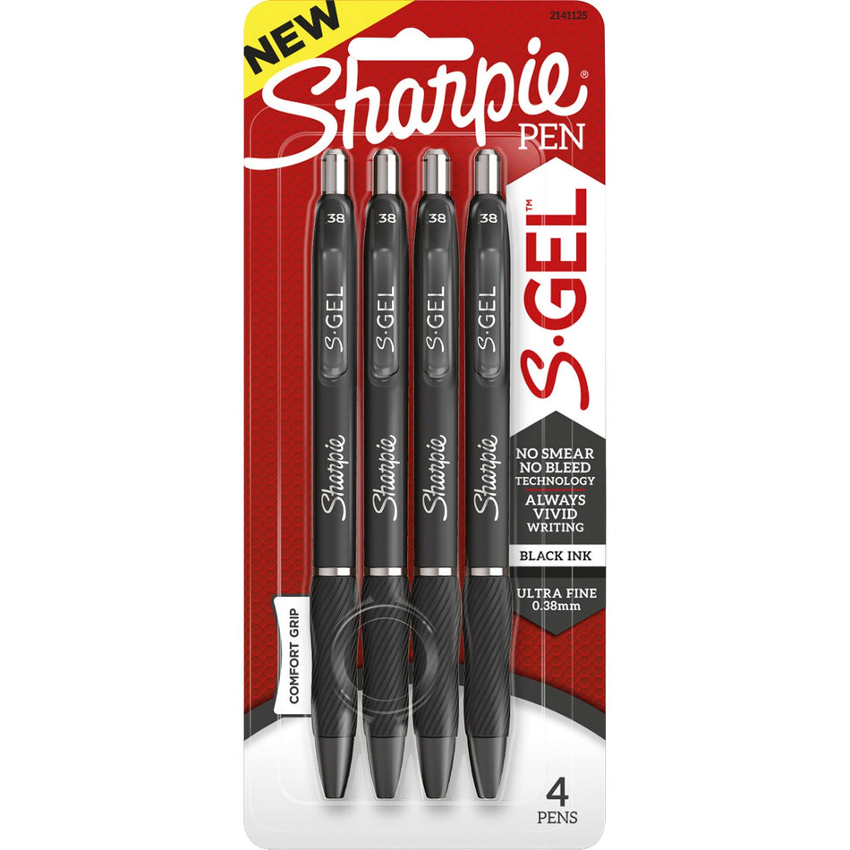 Sharpie S-Gel Pens - 0.38 mm Pen Point - Black Ink - Gel-based - 4 / Pack