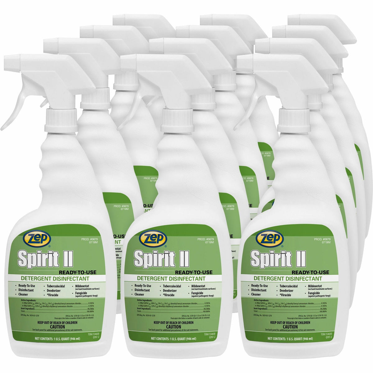 Zep Spirit II Detergent Disinfectant - Ready-To-Use - 32 fl oz (1 quart) - Citrus Scent - Deodorant - Clear - 12 / Carton
