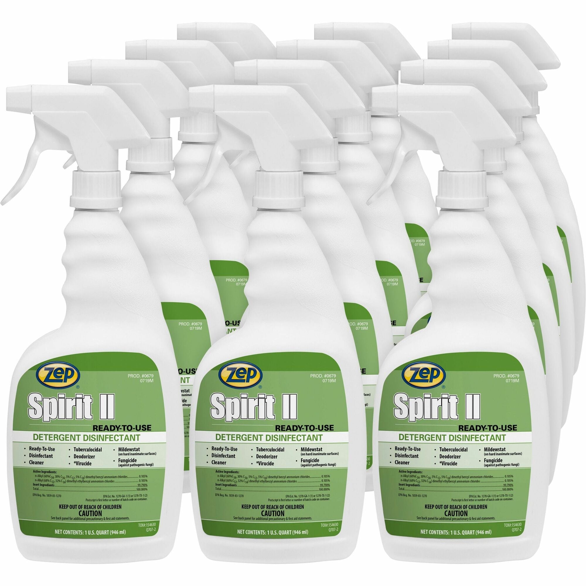 Zep Spirit II Detergent Disinfectant - Ready-To-Use - 32 fl oz (1 quart) - Citrus Scent - Deodorant - Clear - 12 / Carton