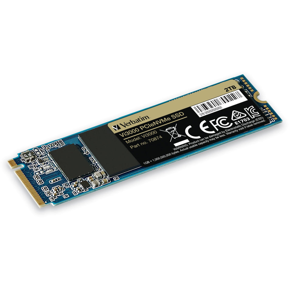 Verbatim Vi3000 2 TB Solid State Drive - M.2 2280 Internal - PCI Express NVMe (PCI Express NVMe 3.0 x4) - Notebook, Desktop PC Device Supported - 1200 TB TBW - 3000 MB/s Maximum Read Transfer Rate - 5 Year Warranty - 1 Each