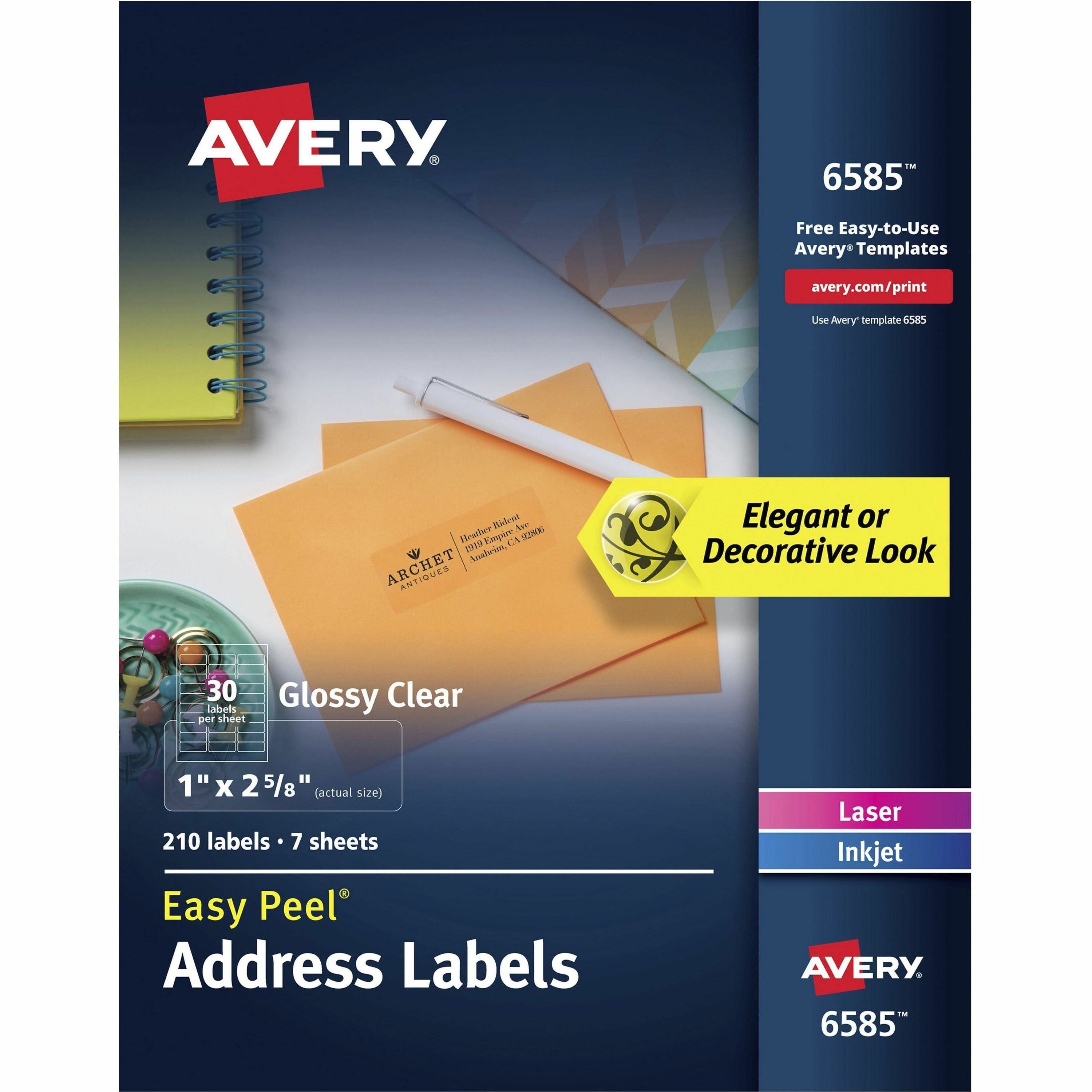 Avery®  Easy Peel Address Label - 2 5/8" Height x 1" Width - Permanent Adhesive - Rectangle - Laser, Inkjet - Clear - Film - Pop Up Edge, Jam-free, Foldable, Easy Peel - 30 / Sheet - 35 Total Sheets - 1050 Total Label(s) - 1050 / Carton