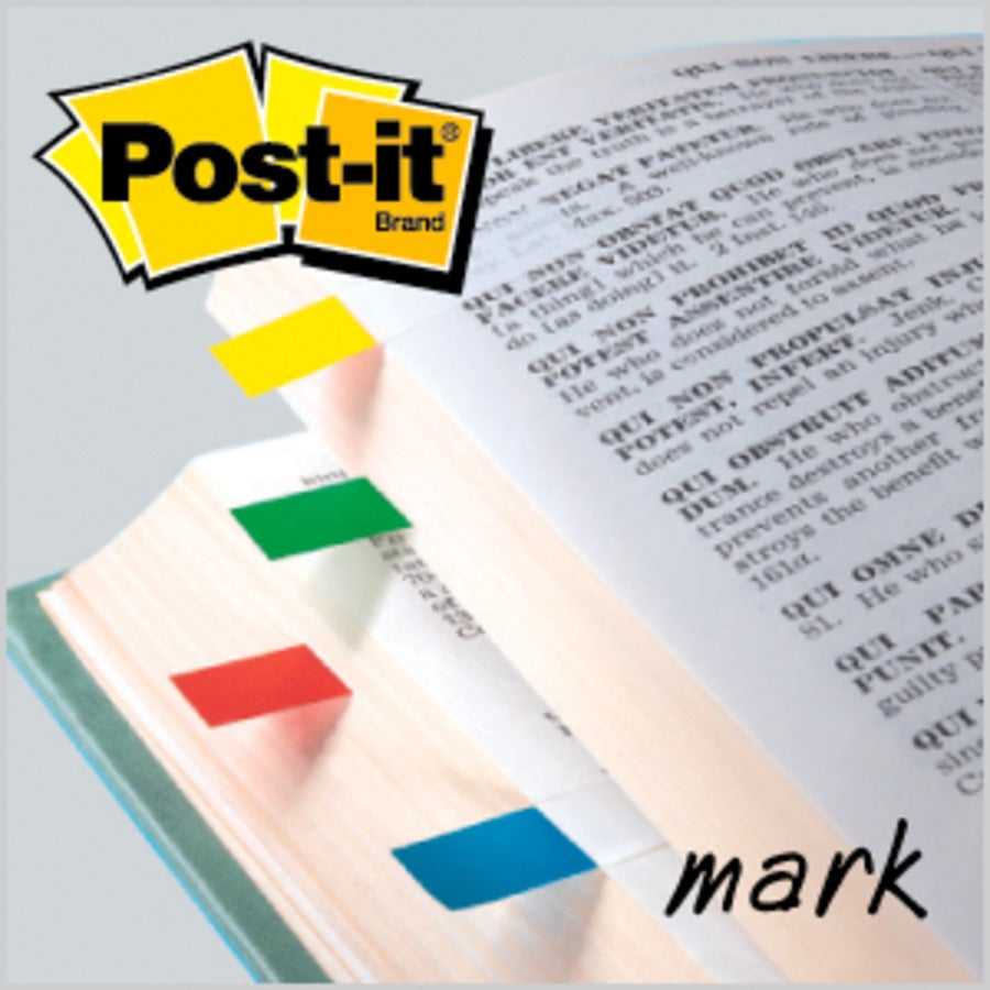Post-it®  Flags - 35 x Blue, 35 x Green, 35 x Red, 35 x Yellow - 1/2" Flag/Note Width x 1 3/4" Flag/Note Length - Rectangle - Unruled - Red, Blue, Green, Yellow, Assorted - Removable, Self-adhesive - Dispenser Included - 140 / Pack