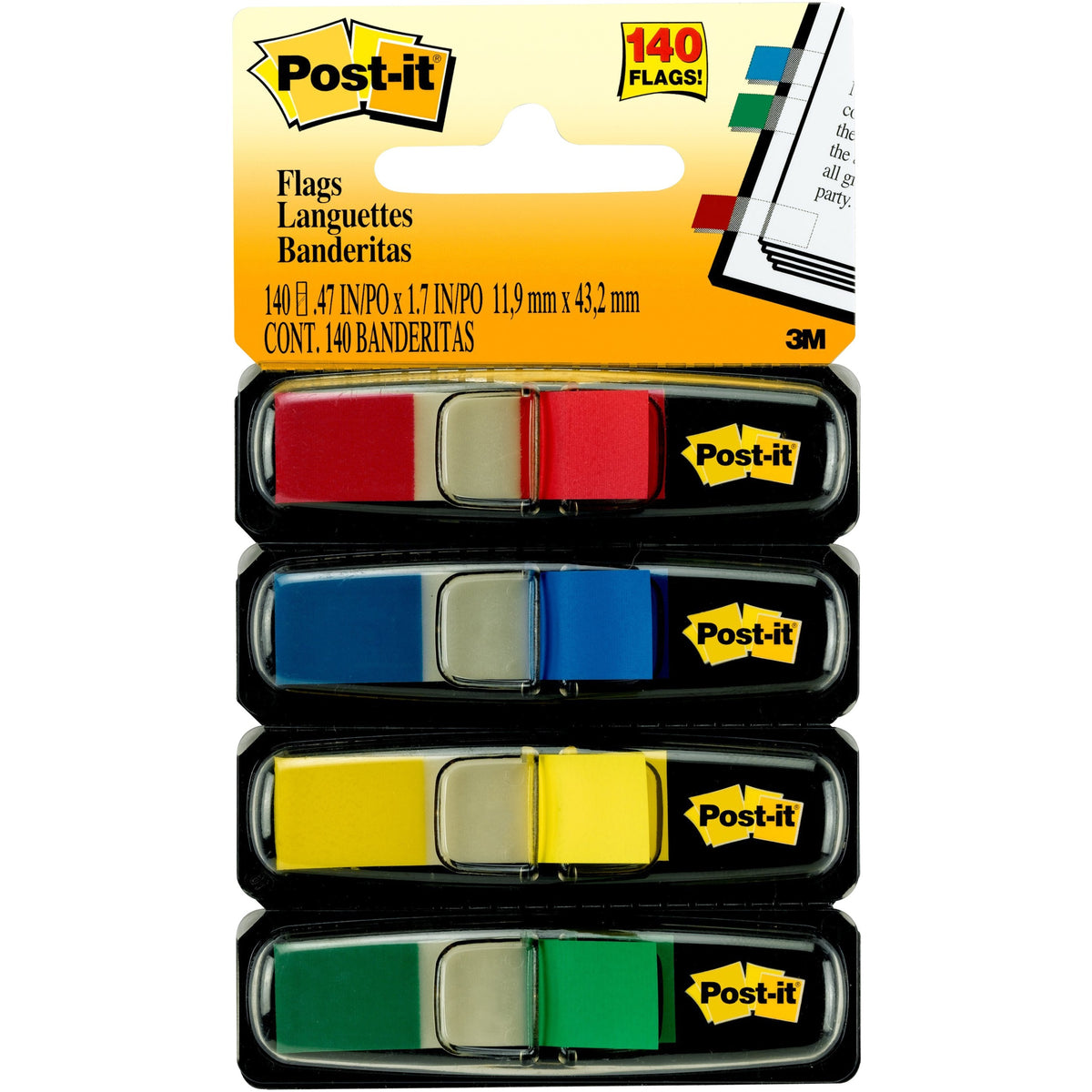 Post-it®  Flags - 35 x Blue, 35 x Green, 35 x Red, 35 x Yellow - 1/2" Flag/Note Width x 1 3/4" Flag/Note Length - Rectangle - Unruled - Red, Blue, Green, Yellow, Assorted - Removable, Self-adhesive - Dispenser Included - 140 / Pack