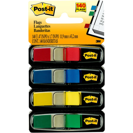 Post-it®  Flags - 35 x Blue, 35 x Green, 35 x Red, 35 x Yellow - 1/2" Flag/Note Width x 1 3/4" Flag/Note Length - Rectangle - Unruled - Red, Blue, Green, Yellow, Assorted - Removable, Self-adhesive - Dispenser Included - 140 / Pack