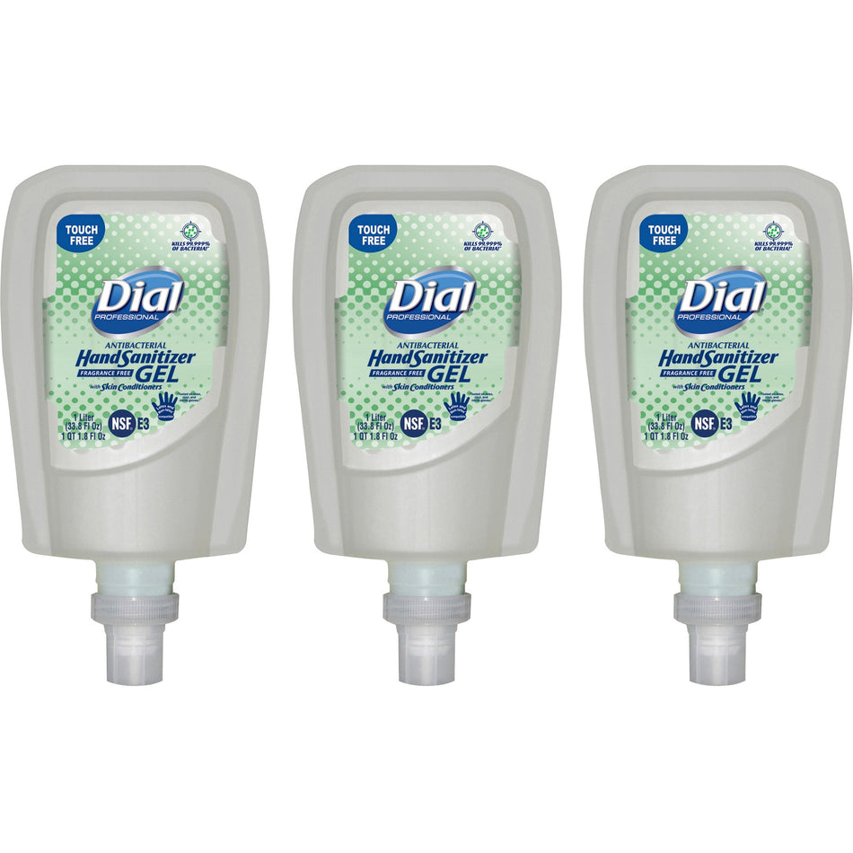 Dial Hand Sanitizer Gel Refill - Fragrance-free Scent - 1.06 quart - Touchless Dispenser - Bacteria Remover - Healthcare, School, Office, Restaurant, Daycare, Hand - Clear - Dye-free, Drip Resistant - 3 / Carton