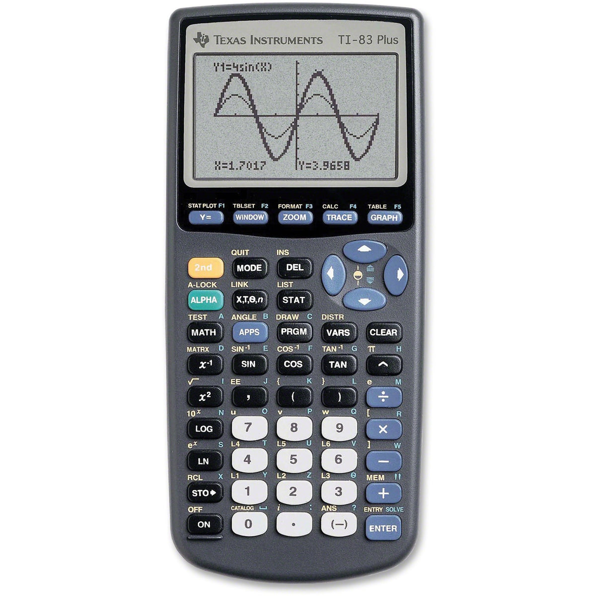 Texas Instruments TI83 Plus Graphing Calculator - Battery Backup - 24 KB, 160 KB - RAM, ROM - 8 Line(s) - 16 Digits - LCD - 64 x 96 - Battery Powered - 4 x AAA - 7.3" Height x 3.5" Width x 1" Depth - Black - 1 Each