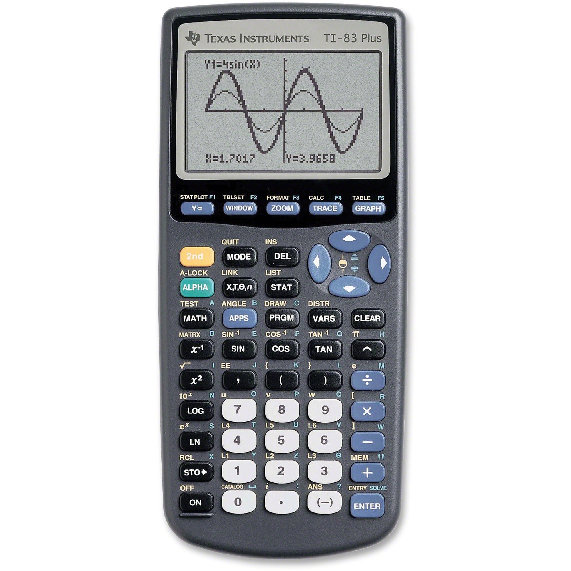 Texas Instruments TI83 Plus Graphing Calculator - Battery Backup - 24 KB, 160 KB - RAM, ROM - 8 Line(s) - 16 Digits - LCD - 64 x 96 - Battery Powered - 4 x AAA - 7.3" Height x 3.5" Width x 1" Depth - Black - 1 Each