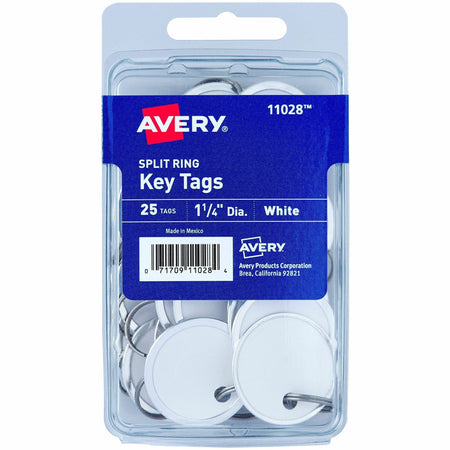 Avery® 1-1/4" Metal Rim Key Tags, Split Ring, White, 25 Tags (11028) - 1.25" Diameter - Round - Metal Ring Fastener - Card Stock - White - 25 / Pack