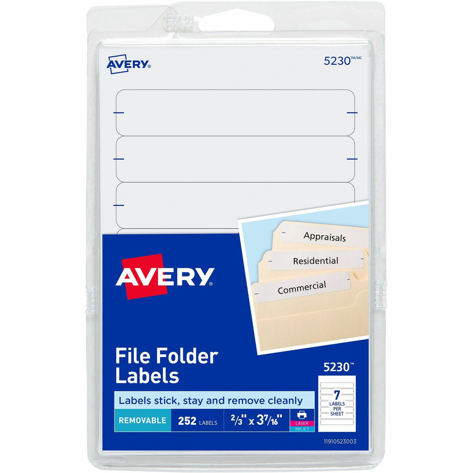 Avery®  Removable File Folder Labels - 21/32" Width x 3 7/16" Length - Removable Adhesive - Rectangle - Laser, Inkjet - White - Paper - 7 / Sheet - 648 Total Sheets - 4536 Total Label(s) - 252/Pack - 18 / Carton