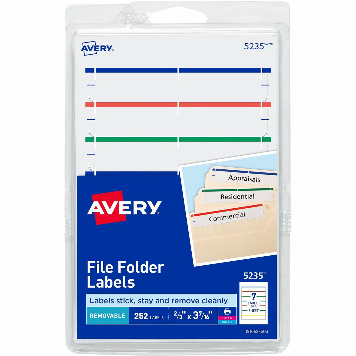 Avery®  Removable File Folder Labels - 2/3" Width x 3 7/16" Length - Removable Adhesive - Rectangle - Laser, Inkjet - Assorted, Dark Blue, Dark Red, Green, Yellow - Paper - 7 / Sheet - 648 Total Sheets - 4536 Total Label(s) - 252/Pack - 18 / Carton