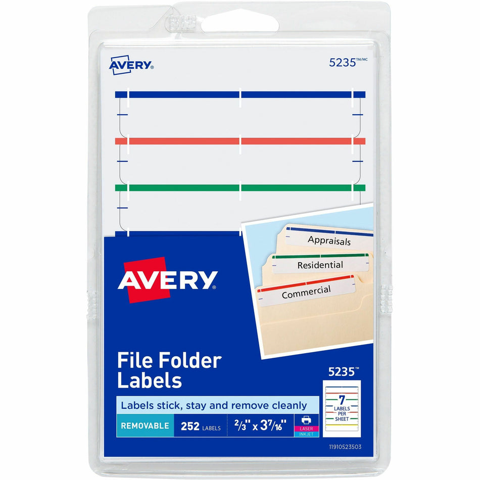 Avery®  Removable File Folder Labels - 2/3" Width x 3 7/16" Length - Removable Adhesive - Rectangle - Laser, Inkjet - Assorted, Dark Blue, Dark Red, Green, Yellow - Paper - 7 / Sheet - 648 Total Sheets - 4536 Total Label(s) - 252/Pack - 18 / Carton