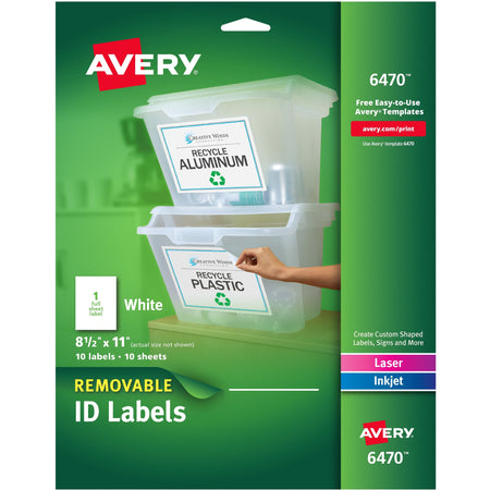 Avery®  Removable I.D. Laser/Inkjet Labels - 8 1/2" Width x 11" Length - Removable Adhesive - Rectangle - Laser, Inkjet - White - Paper - 1 / Sheet - 50 Total Sheets - 50 Total Label(s) - 150/Pack - 5 / Carton