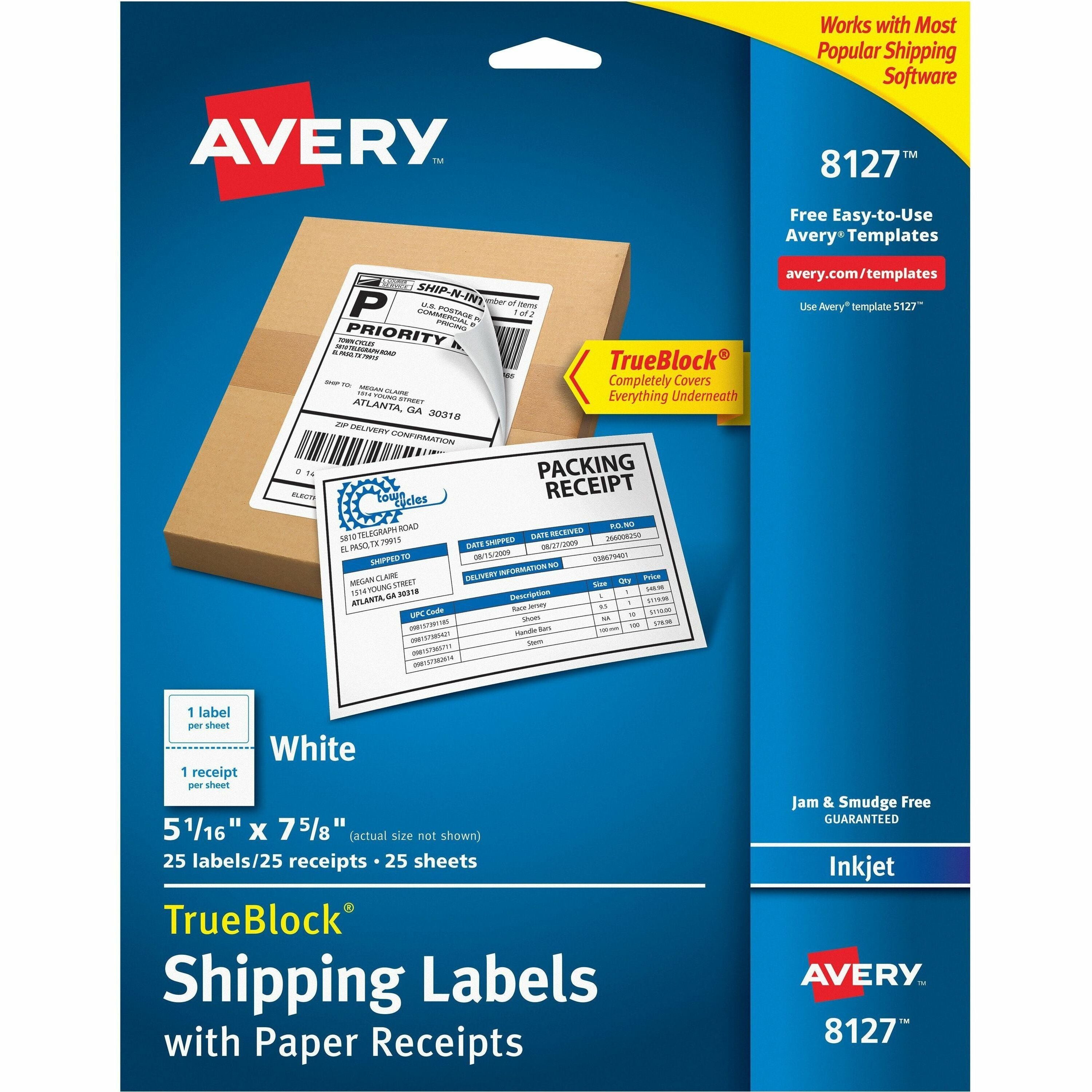 Avery®  TrueBlock Paper Receipt Shipping Labels - 5 1/16" Width x 7 5/8" Length - Permanent Adhesive - Rectangle - Inkjet - White - Paper - 1 / Sheet - 125 Total Sheets - 125 Total Label(s) - 125 / Carton