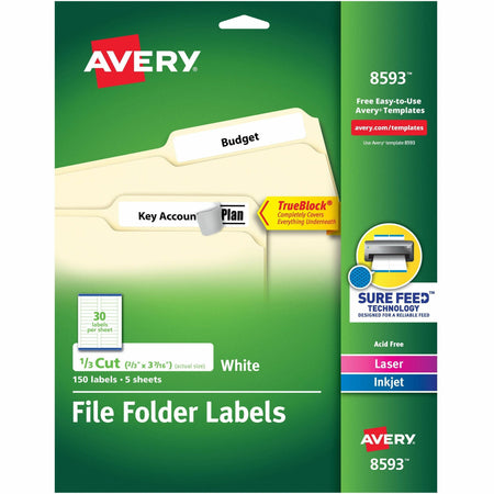 Avery®  TrueBlock File Folder Labels - 2/3" Width x 3 7/16" Length - Permanent Adhesive - Rectangle - Laser, Inkjet - White - Paper - 30 / Sheet - 20 Total Sheets - 600 Total Label(s) - 150/Pack - 4 / Carton