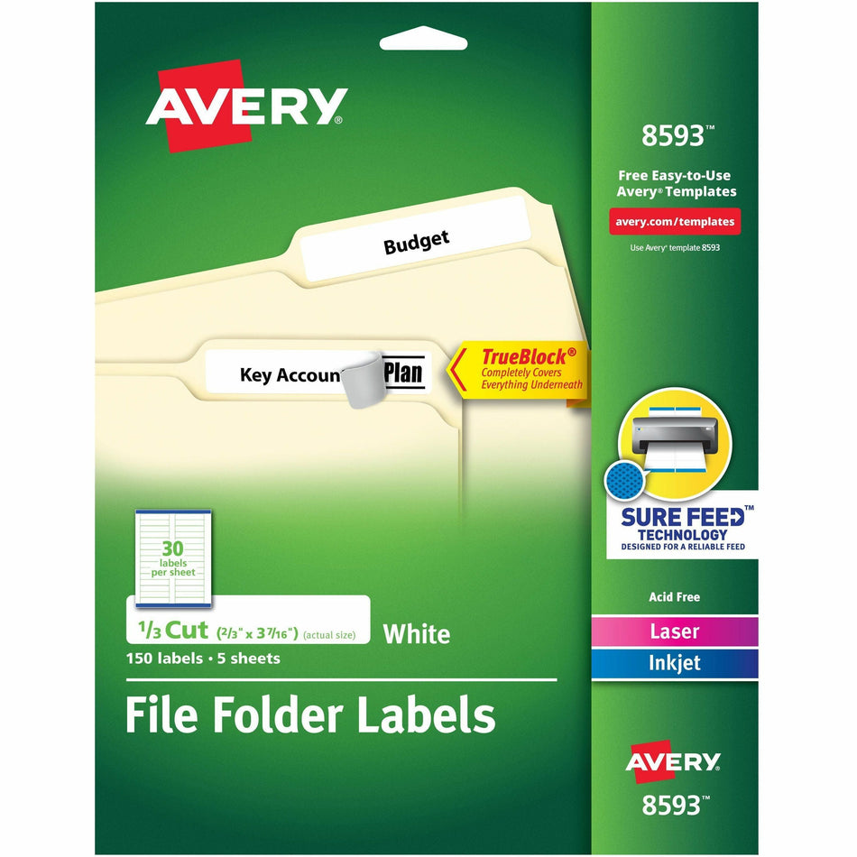 Avery®  TrueBlock File Folder Labels - 2/3" Width x 3 7/16" Length - Permanent Adhesive - Rectangle - Laser, Inkjet - White - Paper - 30 / Sheet - 20 Total Sheets - 600 Total Label(s) - 150/Pack - 4 / Carton