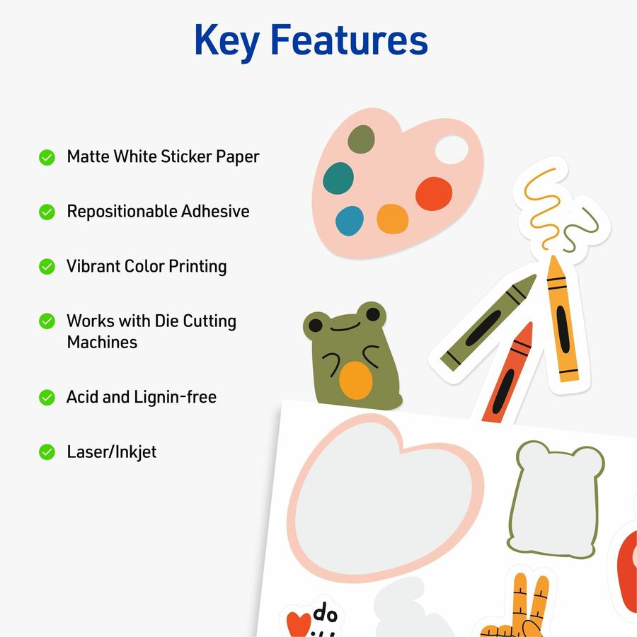 Avery®  Matte White Sticker Project Paper - Letter - 8 1/2" x 11" - Matte - Printable, Removable Adhesive, Die-cut, Repositionable, Lignin-free, Easy to Cut, Acid-free, PVC-free - White - 5 Sheets - 5 / Pack