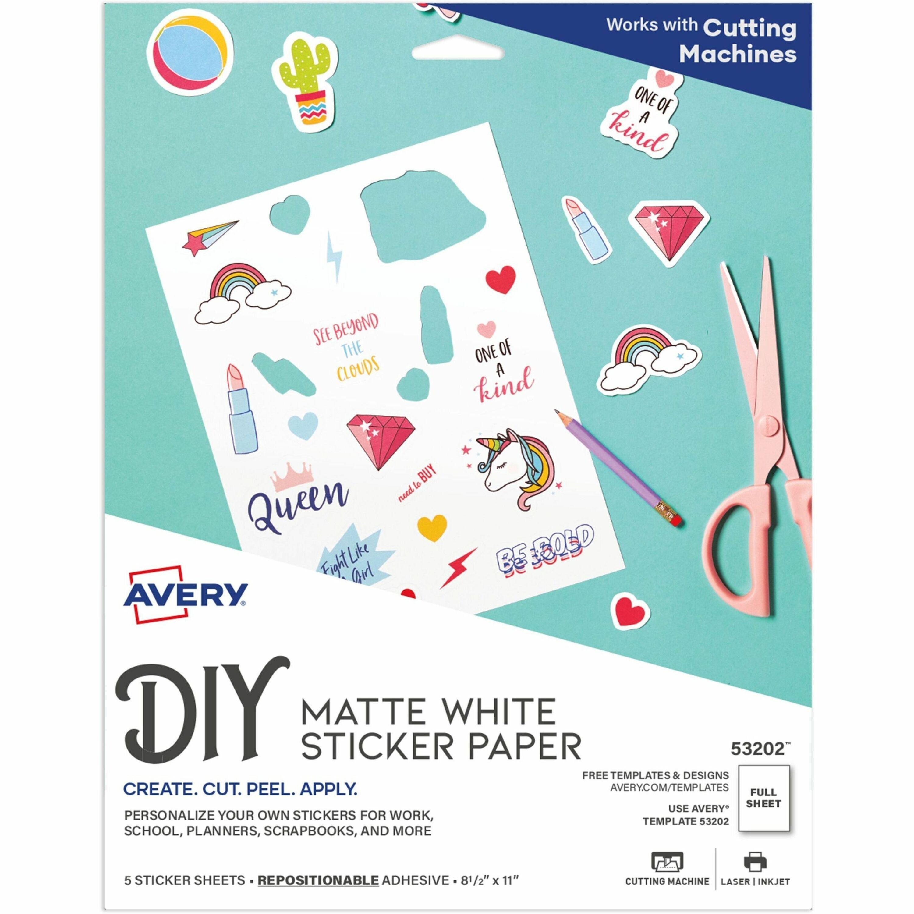 Avery®  Matte White Sticker Project Paper - Letter - 8 1/2" x 11" - Matte - Printable, Removable Adhesive, Die-cut, Repositionable, Lignin-free, Easy to Cut, Acid-free, PVC-free - White - 5 Sheets - 5 / Pack