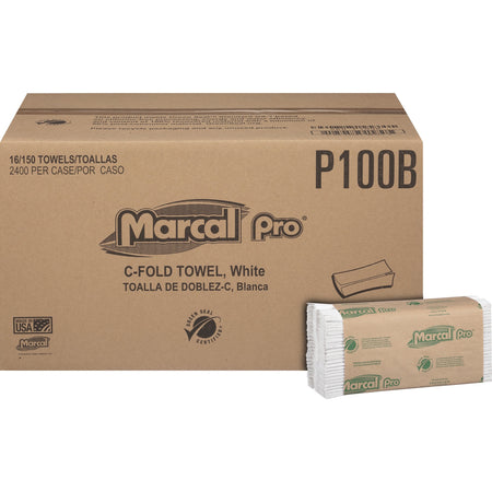 Marcal Recycled C-Fold Paper Towels - 1 Ply - C-fold - 12.87" Width x 10.12" Length - 150 Sheets/Roll - White - Paper - 150 Sleeve - 16 / Carton