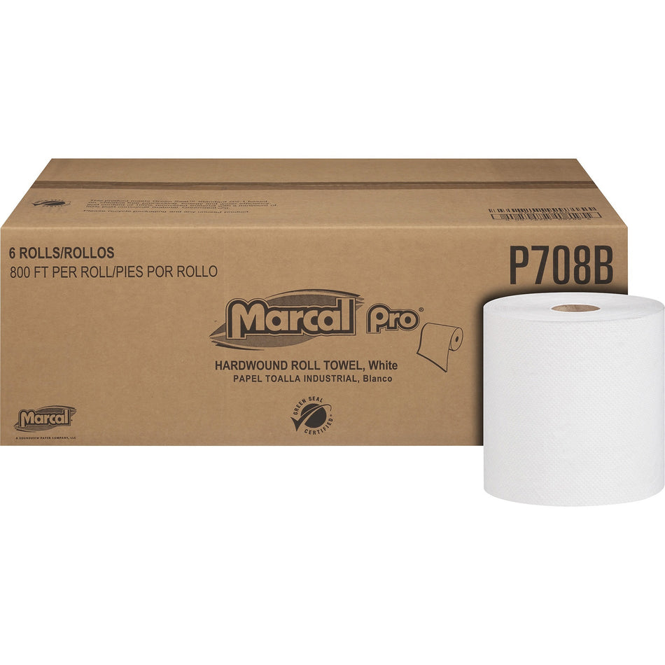 Marcal Hardwound Roll Towel - 1 Ply - 7.87" Width x 800 ft Length - White - Paper - 6 / Carton