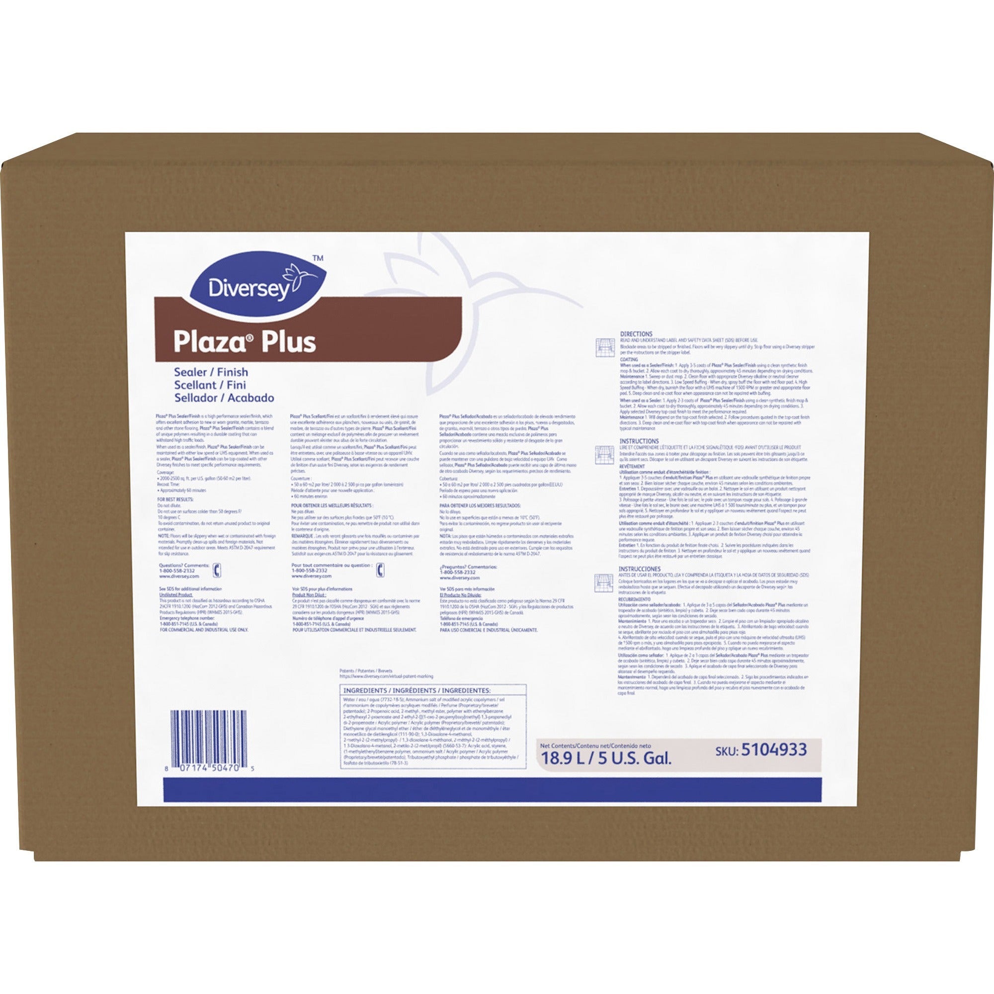 Diversey Plaza Plus Sealer/Finish - 640 fl oz (20 quart) - Slight Ammonia Scent - Long Lasting, Durable - White - 1 Box