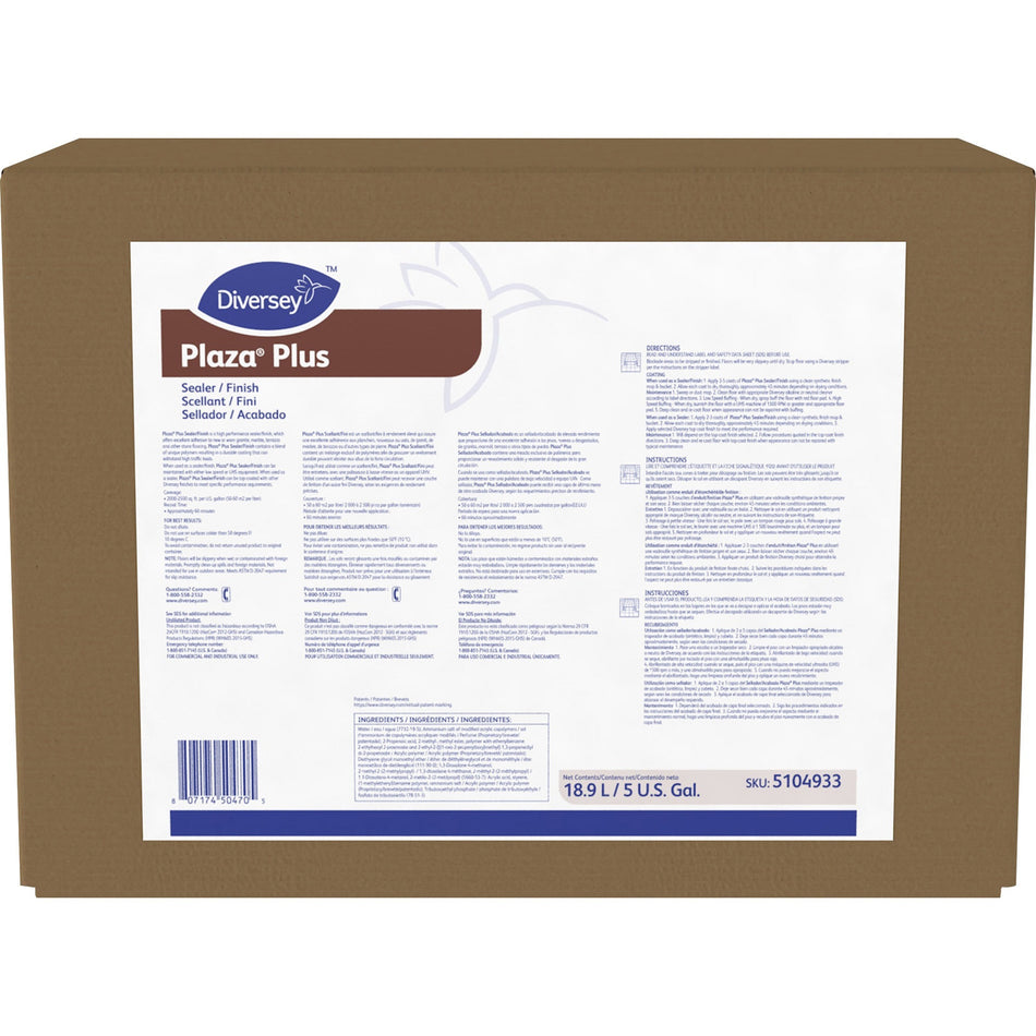 Diversey Plaza Plus Sealer/Finish - 640 fl oz (20 quart) - Slight Ammonia Scent - Long Lasting, Durable - White - 1 Box