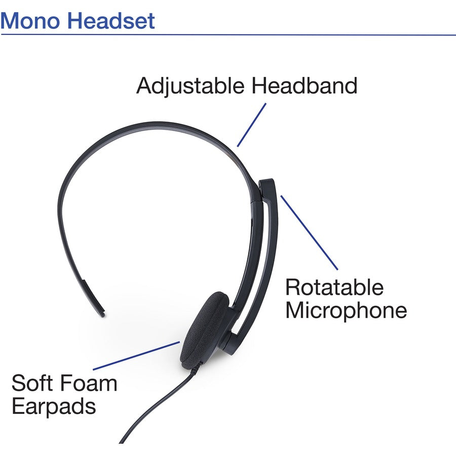 Verbatim Mono Headset with Microphone and In-Line Remote - Mono - Mini-phone (3.5mm) - Wired - 32 Ohm - 20 Hz to 20 kHz - Over-the-head - Monaural - Circumaural - 5.25 ft Cable - Omni-directional Microphone