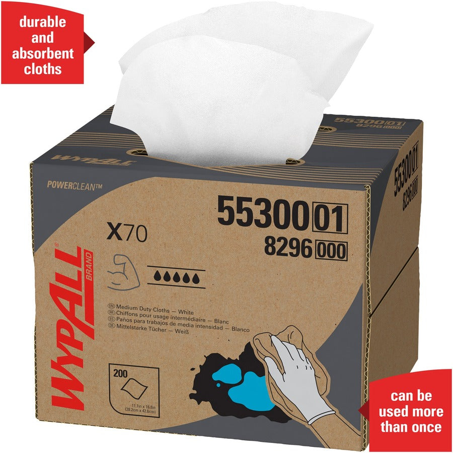 Wypall Power Clean X70 Medium Duty Cloths - 11.10" Width x 16.80" Length - White - Pulp Fiber, Polypropylene - 200 / Carton
