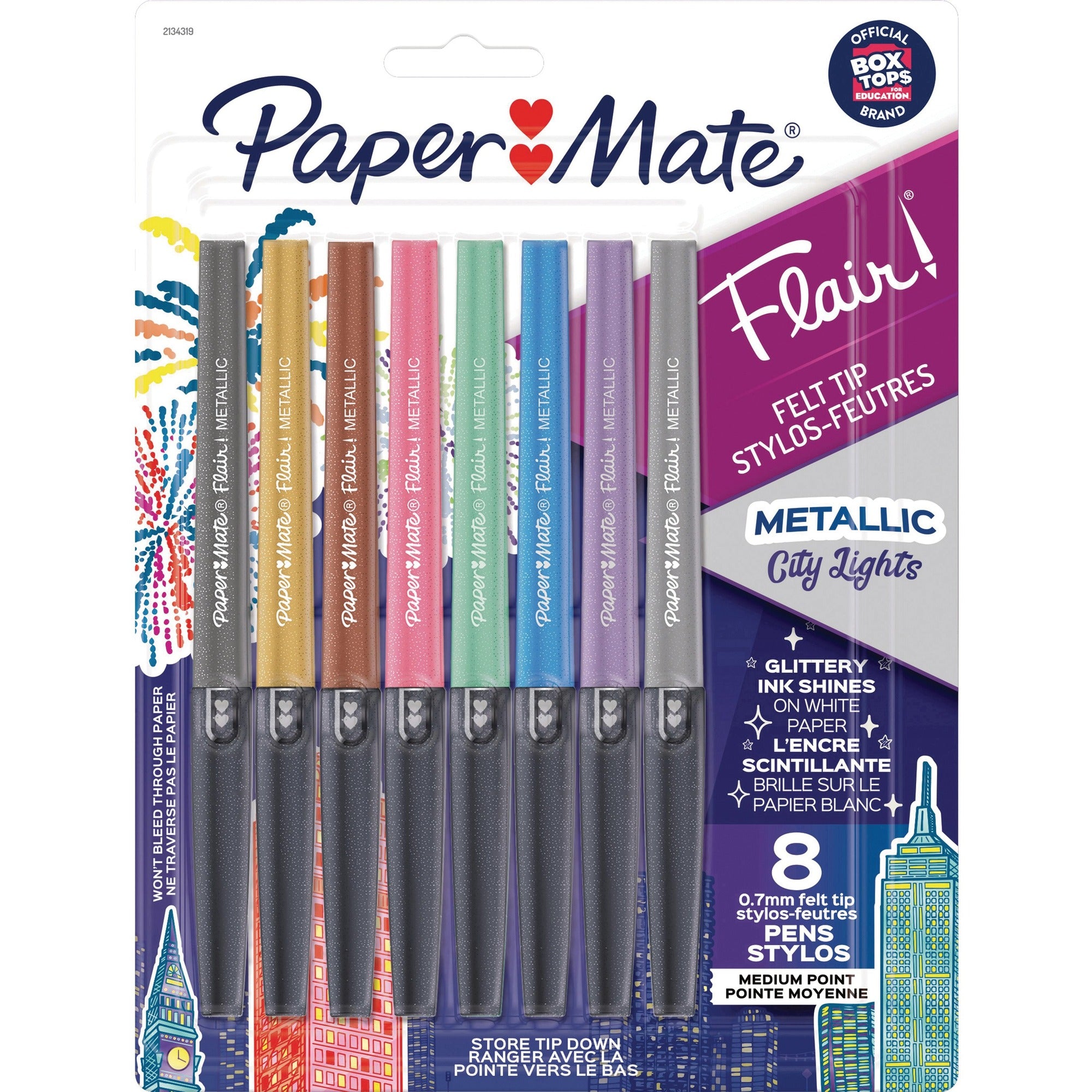 Paper Mate Flair Medium Tip Metallic Pens - Medium Pen Point - Assorted Ink - 8 / Pack