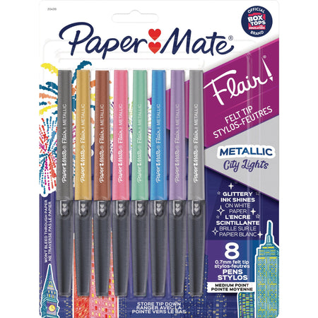 Paper Mate Flair Medium Tip Metallic Pens - Medium Pen Point - Assorted Ink - 8 / Pack