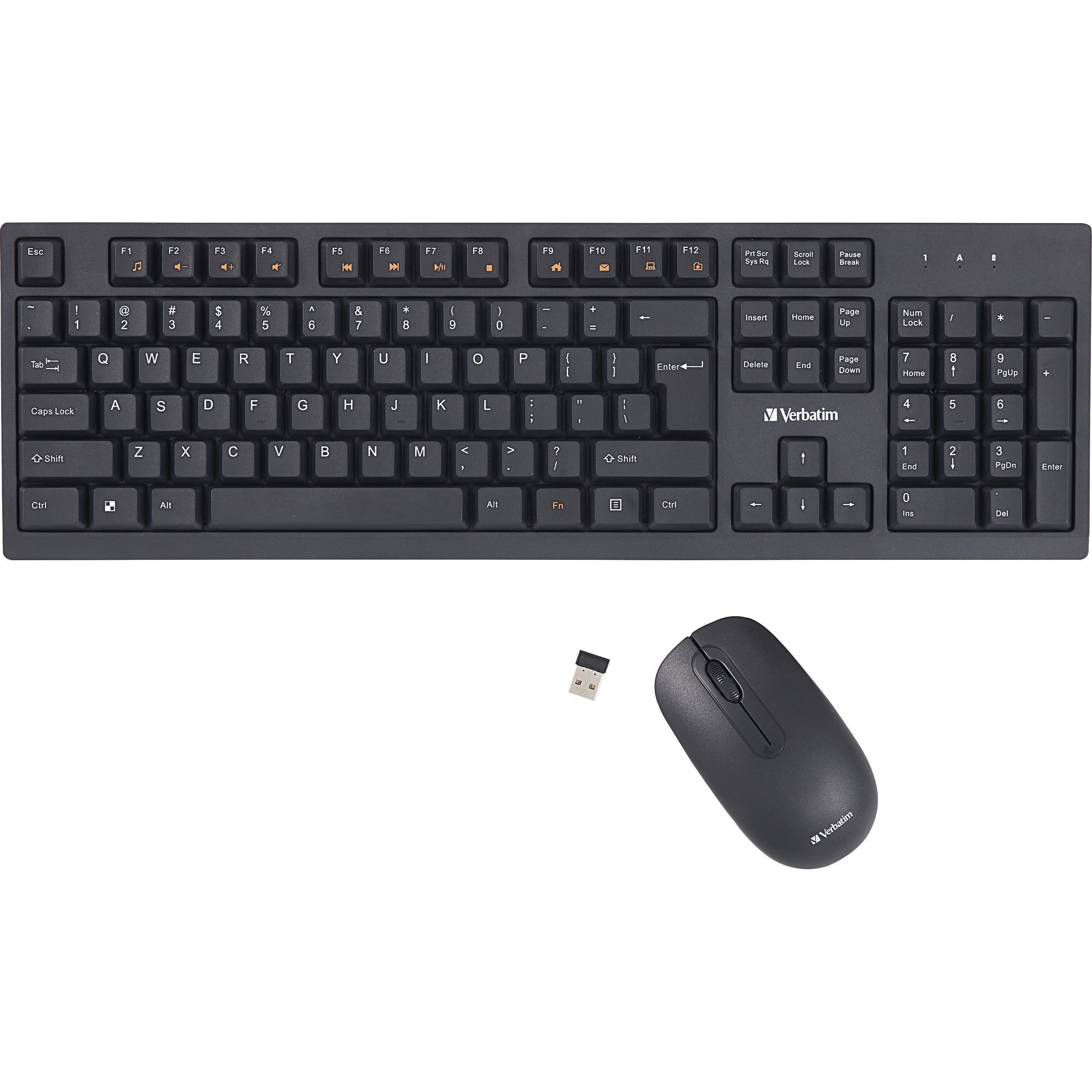 Verbatim Wireless Keyboard And Mouse - USB Type A Wireless Bluetooth 2.40 GHz Keyboard - USB Type A Wireless Mouse - Optical - 1000 dpi - Multimedia Hot Key(s) - Symmetrical - AA, AAA - Compatible with Windows, Mac - 1 Each