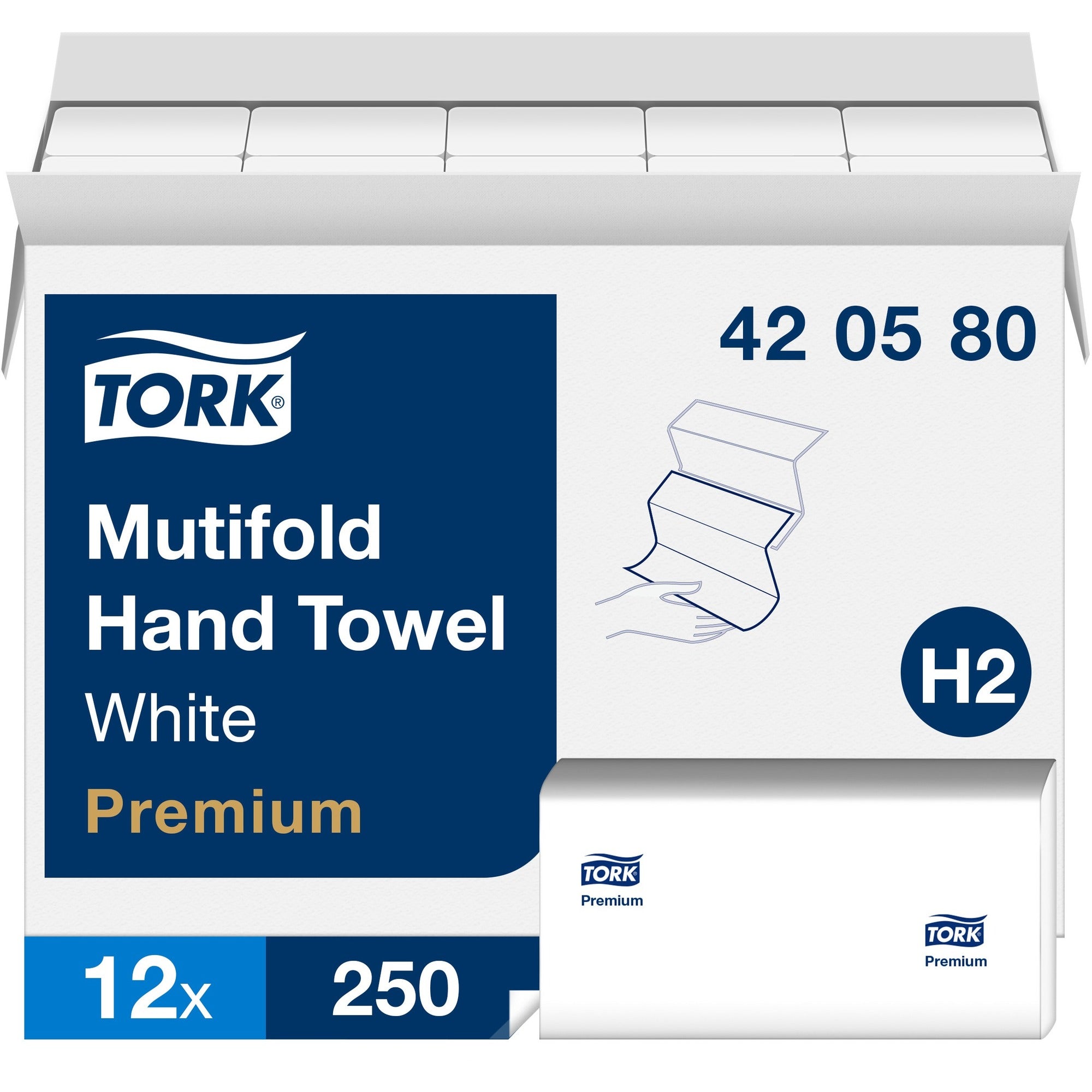 TORK Premium Multifold Hand Towel - 1 Ply - Multifold - 9" Width x 9.50" Length - White - Paper - 250/Pack - 12 / Carton