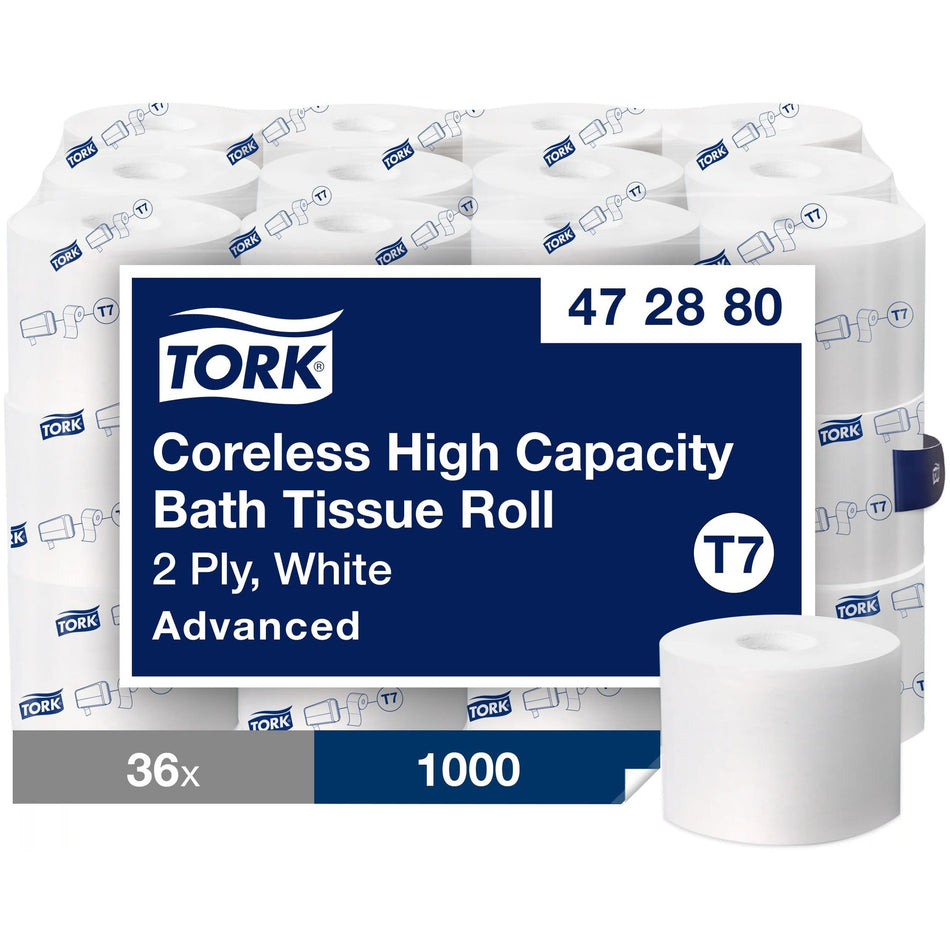TORK Advanced Coreless High Capacity Bath Tissue - 2 Ply4" Length - 1000 Sheets/Roll - 4.75" Roll Diameter - White - 36 / Carton
