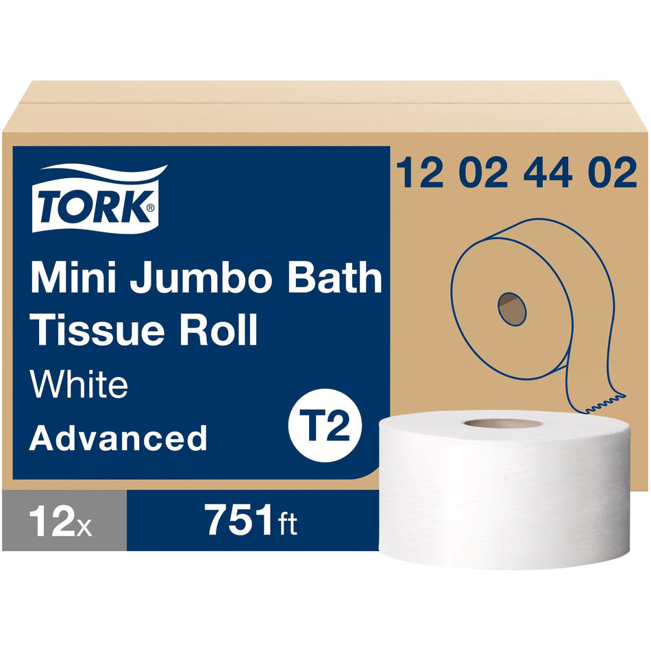 TORK Mini Jumbo Toilet Paper Roll White T2 - 2 Ply - 7.36" Roll Diameter - 2.34" Core - White - Fiber - 12 / Carton