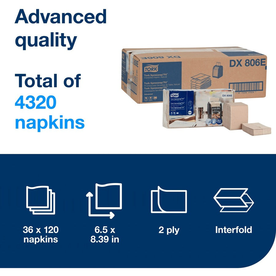 TORK Xpressnap Fit Natural Dispenser Napkin N14 - 2 Ply - Interfolded - 6.50" Width x 8.39" Length - Natural - Paper, Fiber - 120/Pack - 36 / Carton