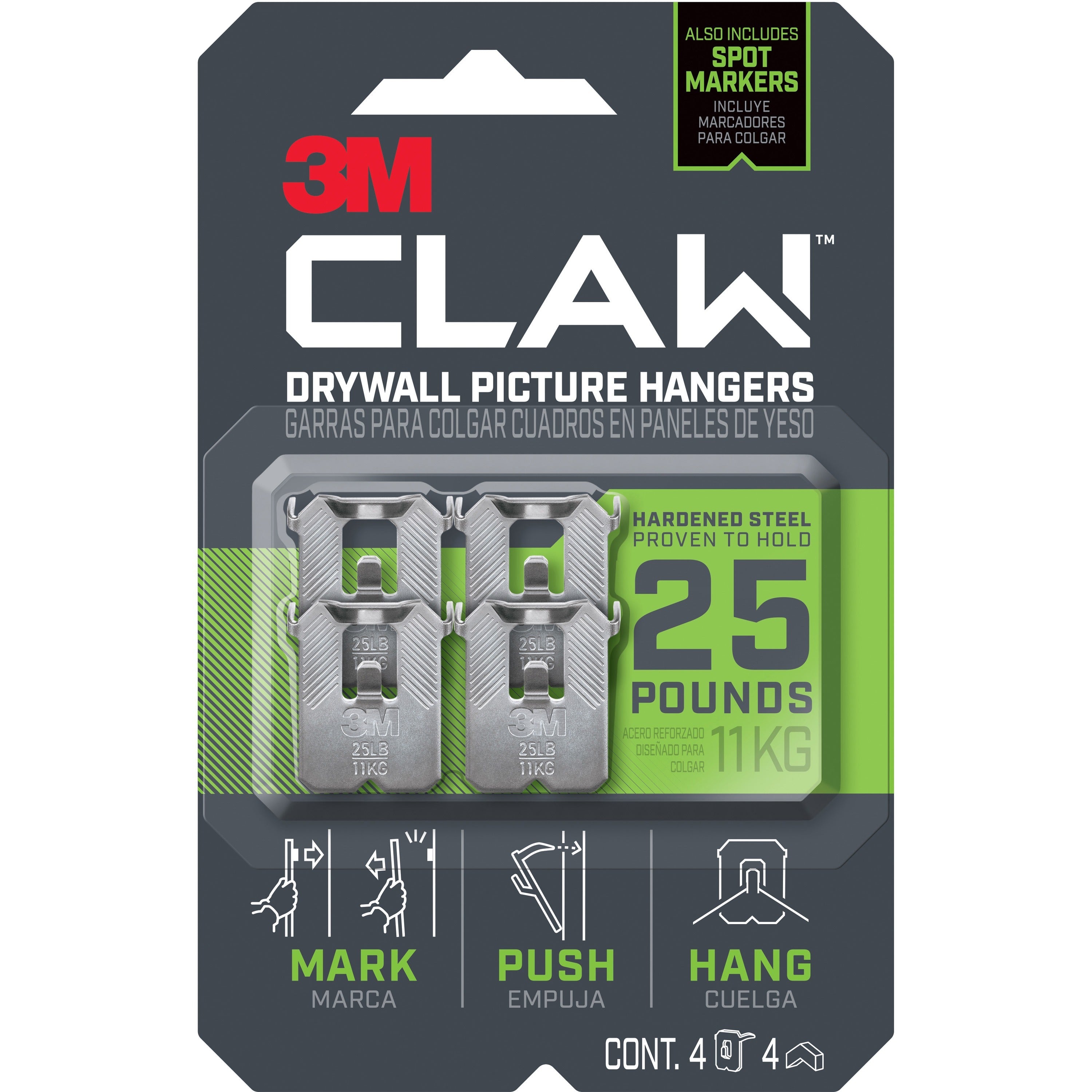 3M CLAW Drywall Picture Hanger - 25 lb (11.34 kg) Capacity - for Pictures, Project, Mirror, Frame, Art, Home, Decoration - Steel - Gray - 4 / Pack