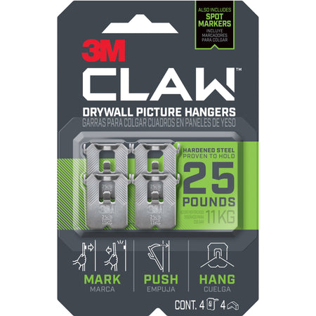 3M CLAW Drywall Picture Hanger - 25 lb (11.34 kg) Capacity - for Pictures, Project, Mirror, Frame, Art, Home, Decoration - Steel - Gray - 4 / Pack