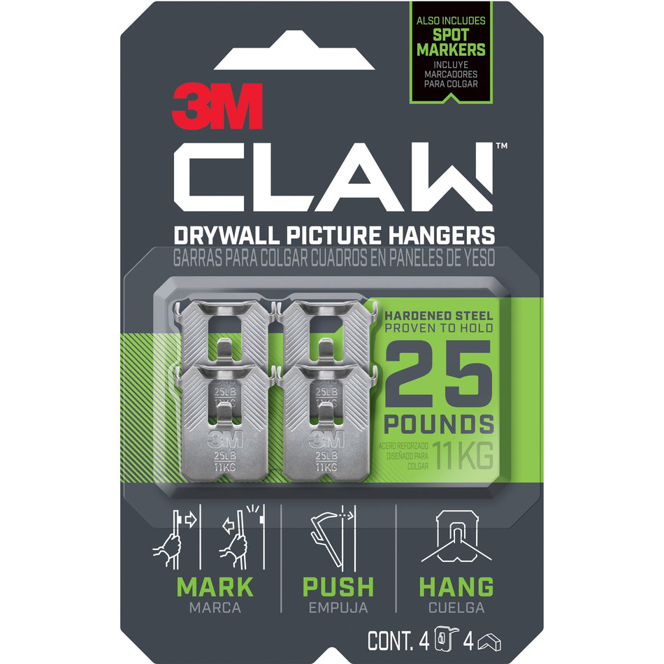 3M CLAW Drywall Picture Hanger - 25 lb (11.34 kg) Capacity - for Pictures, Project, Mirror, Frame, Art, Home, Decoration - Steel - Gray - 4 / Pack