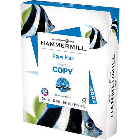 Hammermill Copy Plus Paper - White - 92 Brightness - Letter - 8 1/2" x 11" - 20 lb Basis Weight - 75 g/m&#178; Grammage - Acid-free, ColorLok Technology, Jam-free - White - 500 Sheets per Ream - 5 / Carton