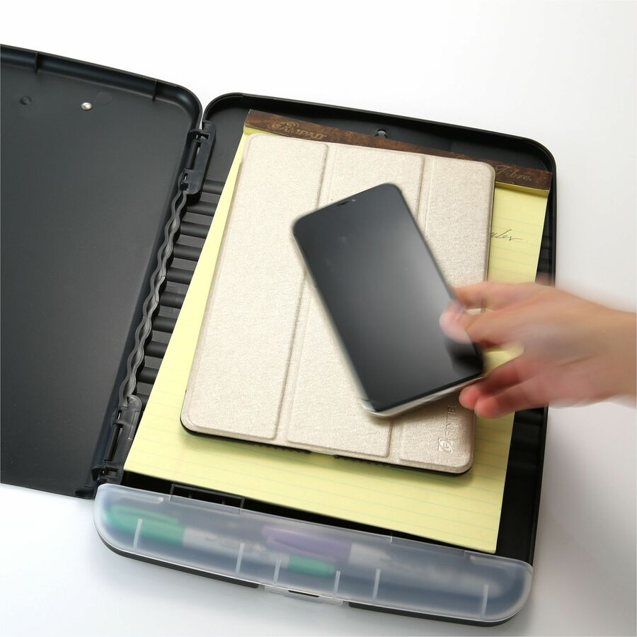 Officemate Slim Clipboard Storage Box - 0.50" Clip Capacity - Storage for Paper, Form, Notepad, Pencil, Battery, Pen - 8 1/2" x 11" Sheet Size - Wood - Charcoal - 1 Each