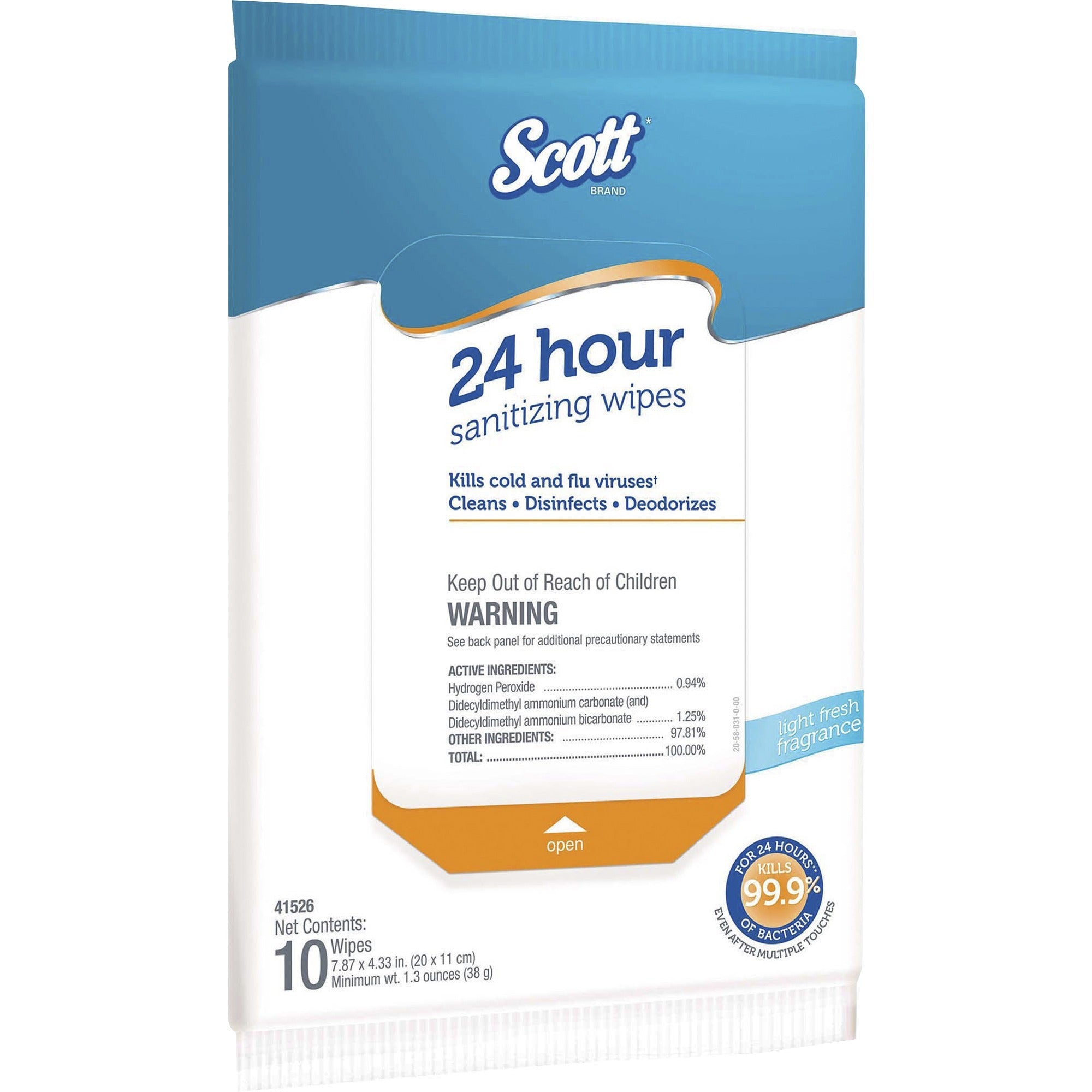 Scott 24 Hour Sanitizing Wipes - Fresh Scent - 7.87" Length x 4.33" Width - Bleach-free, Antibacterial, Rinse-free - White - 10/Pack - 50 / Carton