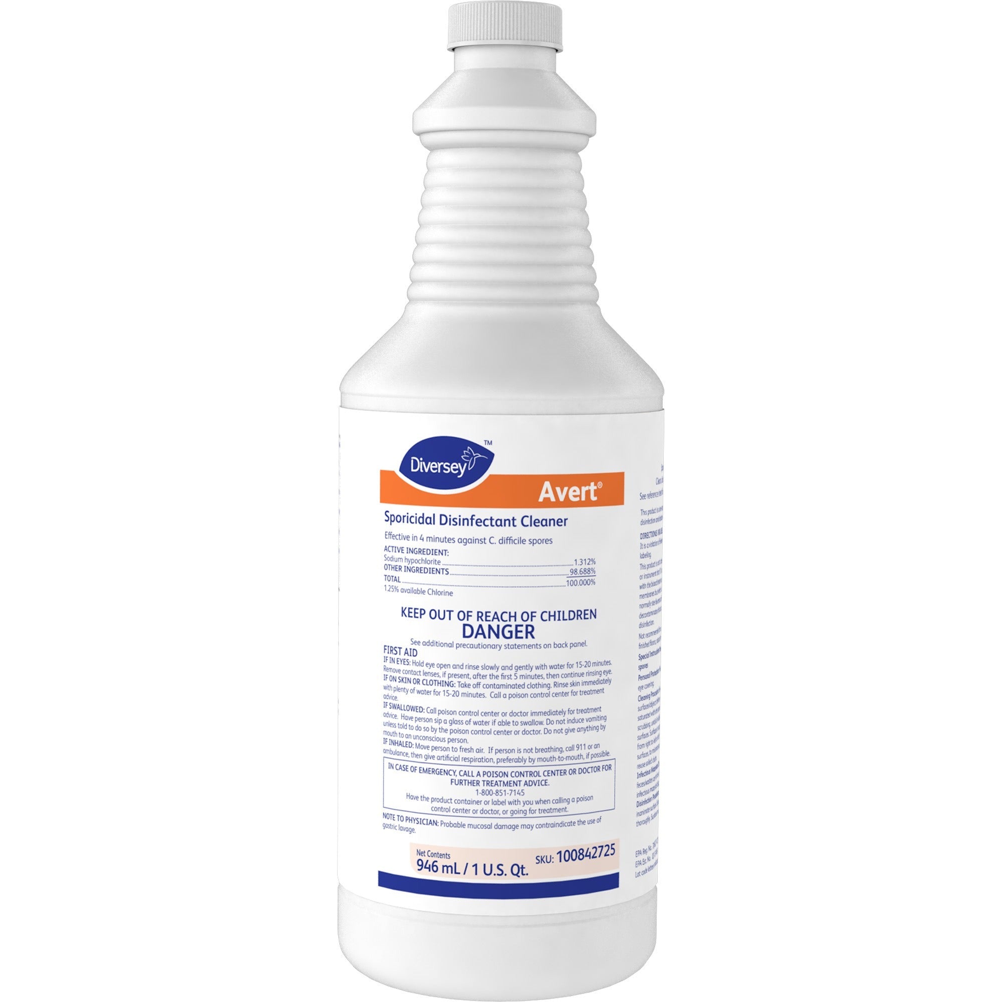 Diversey Avert Sporicidal Disinfect Cleaner - Ready-To-Use - 32 fl oz (1 quart) - Chlorine Scent - Disinfectant, Deodorize, Rinse-free - Yellow - 12 / Carton