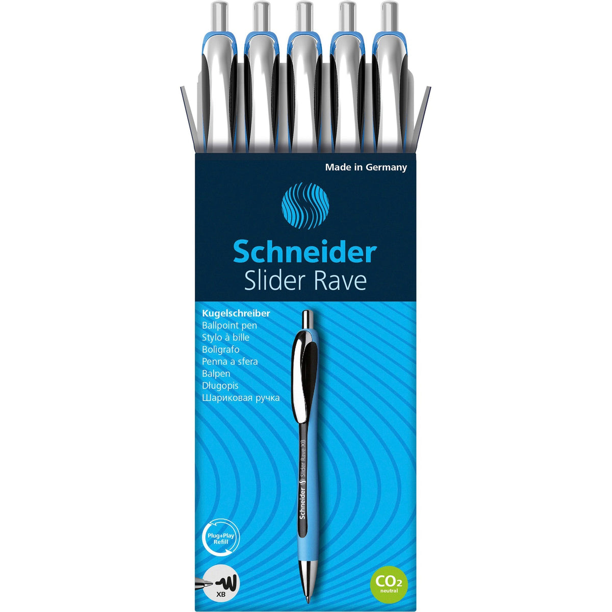 Schneider Slider Rave XB Ballpoint Pen - 1.4 mm Extra Broad Pen Point - Retractable - Black Ink - Black Rubberized, Light Blue Barrel - Stainless Steel Tip - 5 / Pack