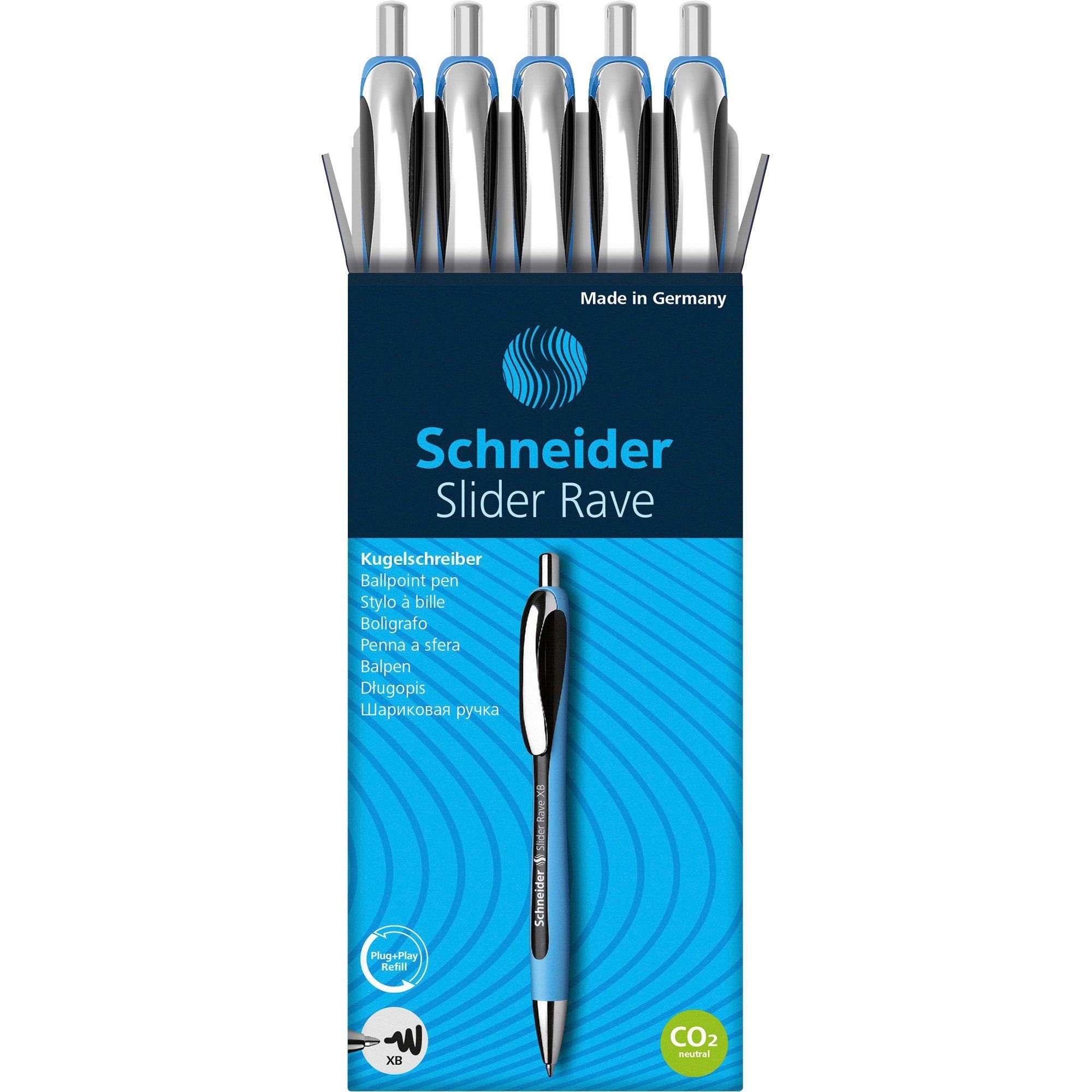 Schneider Slider Rave XB Ballpoint Pen - 1.4 mm Extra Broad Pen Point - Retractable - Black Ink - Black Rubberized, Light Blue Barrel - Stainless Steel Tip - 5 / Pack
