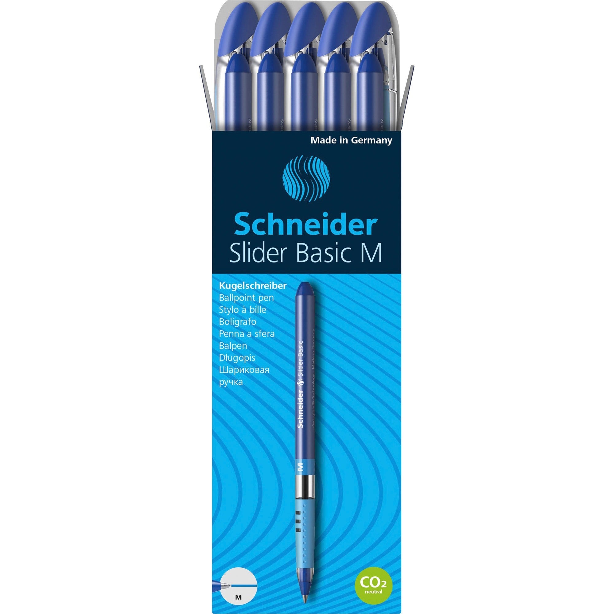 Schneider Slider Basic Medium Ballpoint Pen - 1 mm Medium Pen Point - Blue Ink - Transparent Rubberized, Blue Barrel - Stainless Steel Tip - 10 / Pack