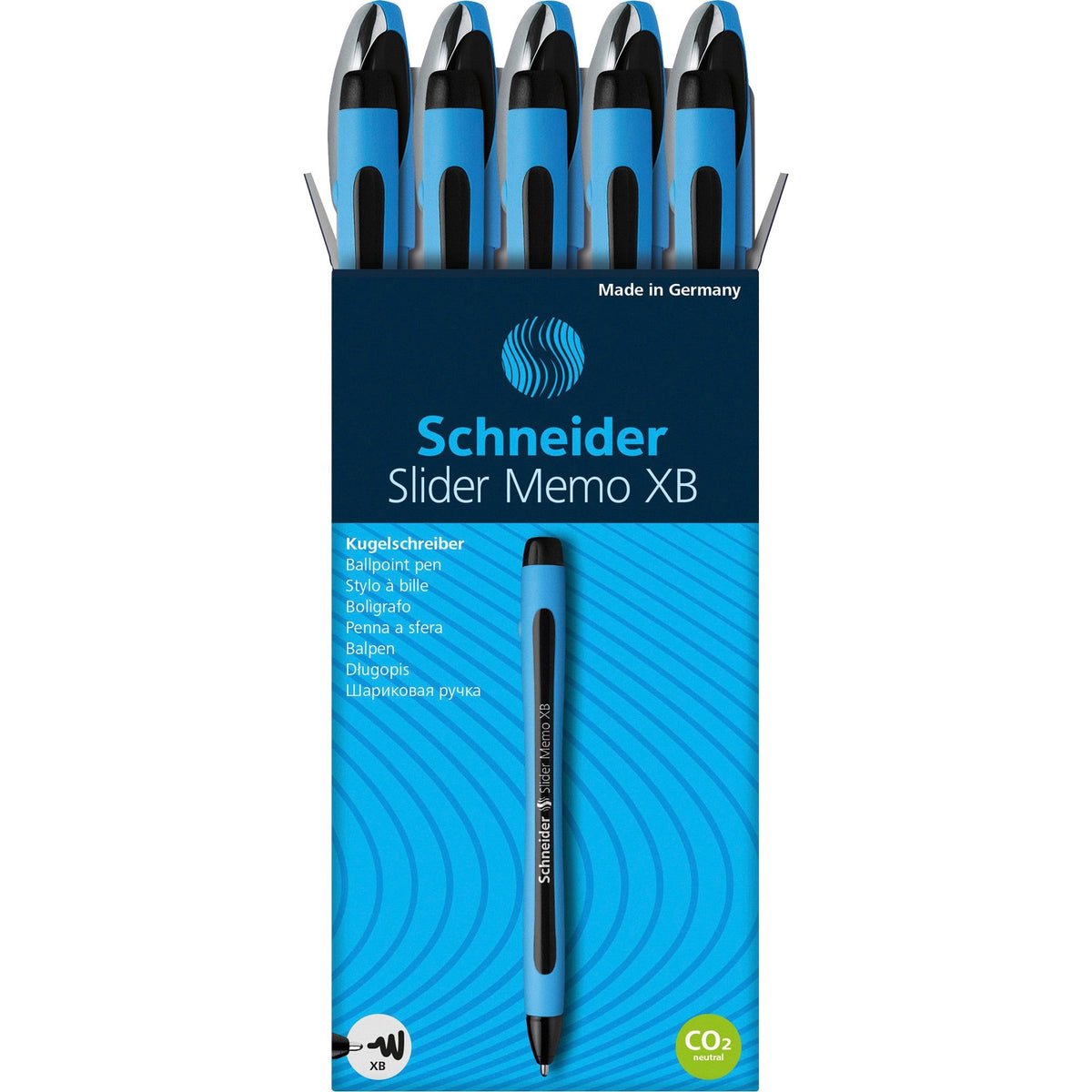 Schneider Slider Memo XB Ballpoint Pen - 1.4 mm Extra Broad Pen Point - Black Ink - Black Rubberized, Light Blue Barrel - Stainless Steel Tip - 10 / Pack