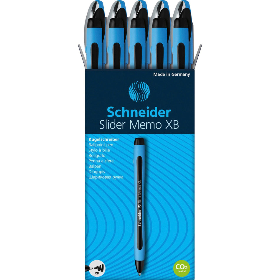 Schneider Slider Memo XB Ballpoint Pen - 1.4 mm Extra Broad Pen Point - Black Ink - Black Rubberized, Light Blue Barrel - Stainless Steel Tip - 10 / Pack