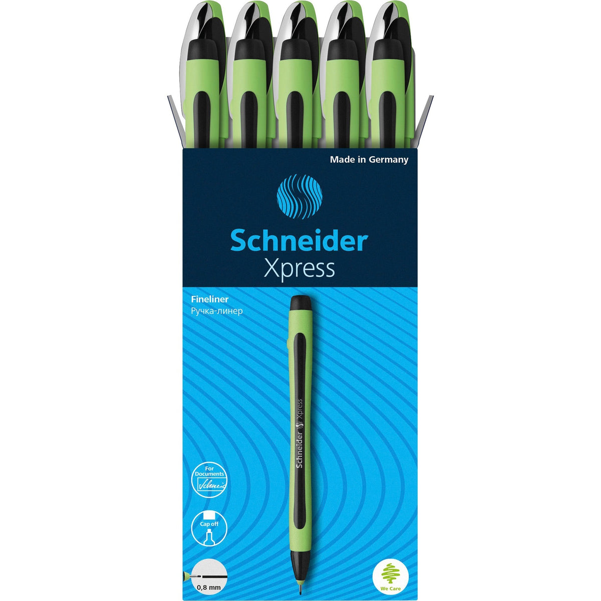 Schneider Xpress Fineliner Pen - 0.8 mm Medium Pen Point - Black Ink - Black Rubberized, Green Barrel - Stainless Steel Tip - 10 / Pack