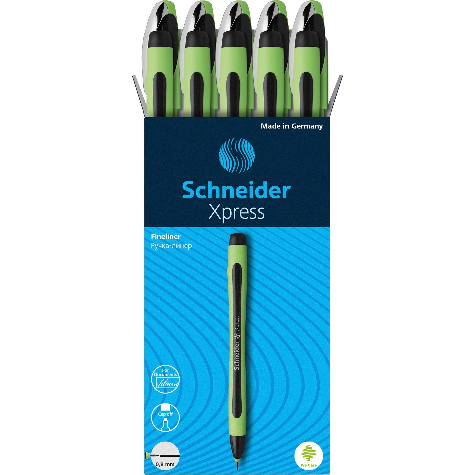 Schneider Xpress Fineliner Pen - 0.8 mm Medium Pen Point - Black Ink - Black Rubberized, Green Barrel - Stainless Steel Tip - 10 / Pack