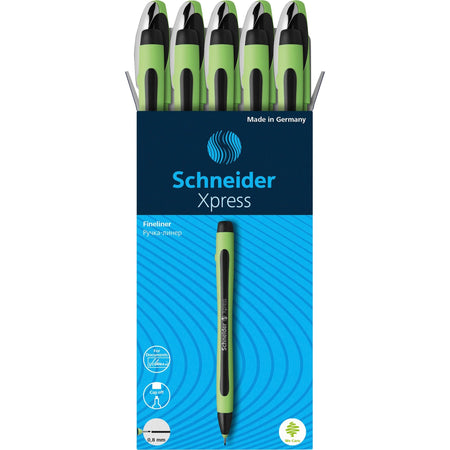 Schneider Xpress Fineliner Pen - 0.8 mm Medium Pen Point - Black Ink - Black Rubberized, Green Barrel - Stainless Steel Tip - 10 / Pack